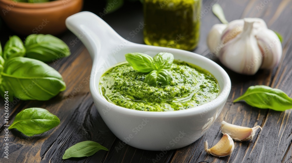 Fresh basil pesto sits in a white bowl, surrounded by garlic and basil leaves, showcasing vibrant green colors and rich textures. Fresh basil pesto sits in a white bowl, surrounded by garlic and basil leaves, showcasing vibrant green colors and rich textures.