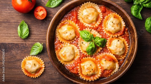 Wallpaper Mural A delicious bowl of ravioli in rich tomato sauce, garnished with fresh basil leaves and accompanied by ripe tomatoes. Torontodigital.ca
