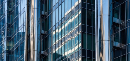 Modern glass skyscraper reflecting another building in its facade