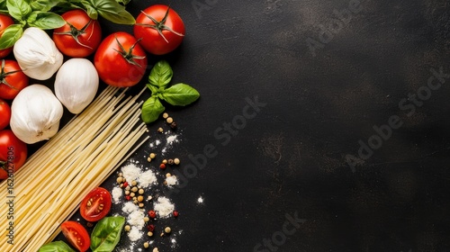 A vibrant arrangement of fresh tomatoes, basil, mozzarella, and spaghetti against a dark background, ideal for a culinary or Italian food theme.