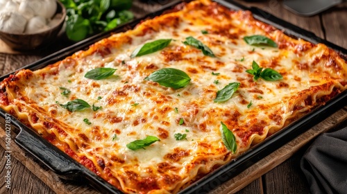 A delicious lasagna topped with fresh basil, showcasing layers of cheese and sauce, served on a rustic wooden table.