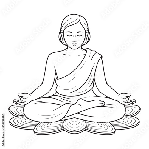 Woman meditating in lotus position on flower illustration colouring page
