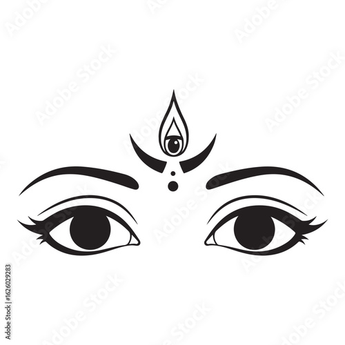 Graphic eyes with bindi and eyebrow illustration in black colouring page