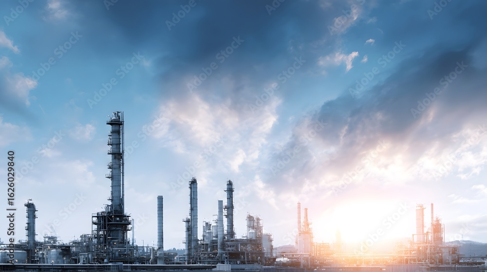 Oil refinery complex under a clear sky with industrial lighting long title A large oil refinery complex with multiple towers chimneys and Oil refinery complex under a clear sky with industrial lighting long title A large oil refinery complex with multiple towers chimneys and