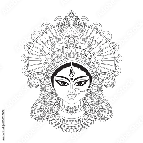Detailed line art of durga maa with ornamental elements colouring page