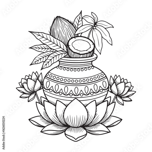 Decorative pot with coconut and lotus flower line drawing colouring page