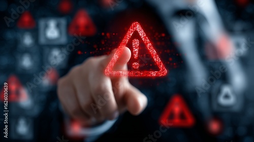 A businessman alerts an emergency with a glowing warning symbol, emphasizing urgency and caution in a digital environment.