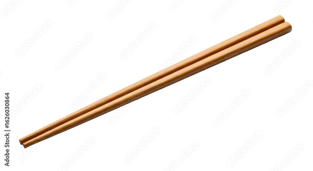 A pair of polished wooden chopsticks resting neatly parallel on a bright white background A pair of polished wooden chopsticks resting neatly parallel on a bright white background