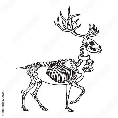Skeleton of a reindeer with bells around its neck in black colouring page