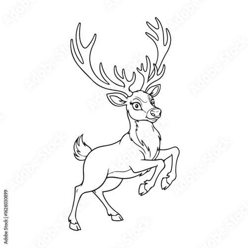 Cartoon reindeer prancing with large antlers line drawing colouring page