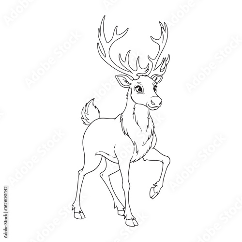 Outline drawing of a deer with large antlers standing up colouring page