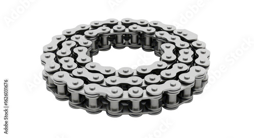 A realistic metal roller chain coiled in a circular shape on an isolated white background