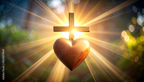 Golden heart hangs from cross, radiant light bursts behind