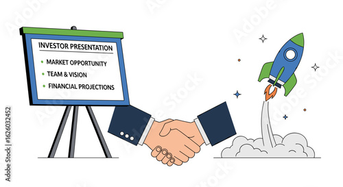 A vivid illustration shows a business handshake, an investor presentation board, and a launching rocket, representing successful collaboration and startup growth.