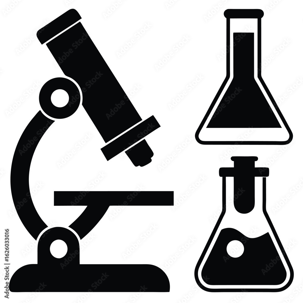Obraz premium Black microscope and laboratory flasks science research