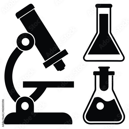Black microscope and laboratory flasks science research