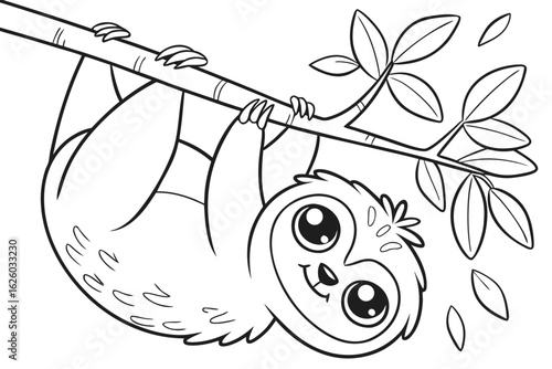 Coloring Pages, adorable sloth hanging upside down, cartoon style, black and white