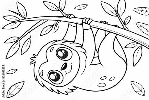 Coloring Pages, adorable sloth hanging upside down, cartoon style, black and white