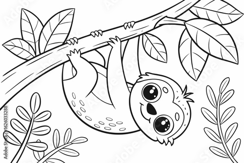 Coloring Pages, adorable sloth hanging upside down, cartoon style, black and white