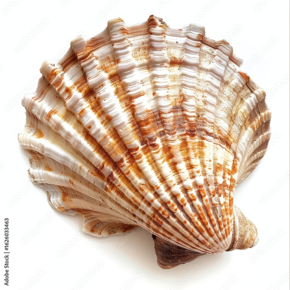 Obraz premium Close-up of a seashell, light beige and tan, ribbed, on white background