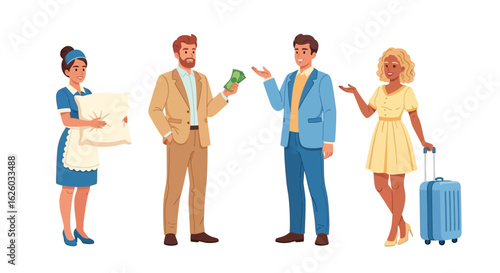 Hotel service staff receiving payment from customer with luggage vector image