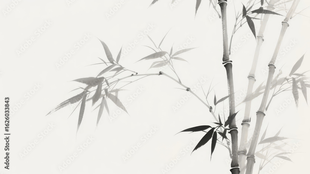 Naklejka premium Monochrome Bamboo Branches with Delicate Leaves Against a Soft Background
