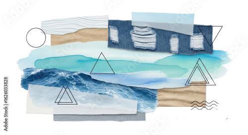 Modern geometric collage of ocean waves, sand textures, and blue watercolor brushstrokes