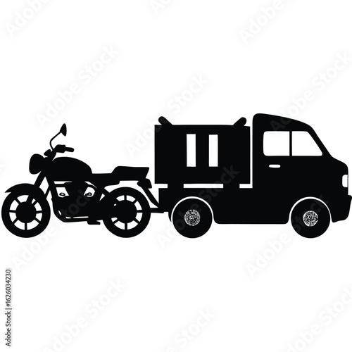 Black silhouette motorcycle towing a truck with cargo vector