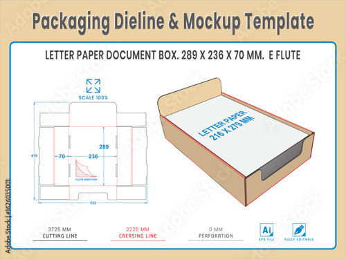 Packaging Dieline and Mockup Template. Paper Document Box. Dieline Real Shape and Dimension. Mockup Template. Fully editable vector. Equipped die cut lengths prepared for production.