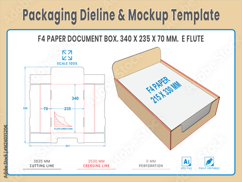 Packaging Dieline and Mockup Template. Paper Document Box. Dieline Real Shape and Dimension. Mockup Template. Fully editable vector. Equipped die cut lengths prepared for production.