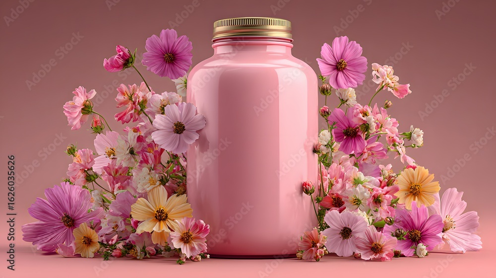 Pink jar surrounded by colorful flowers. Pink jar surrounded by colorful flowers.