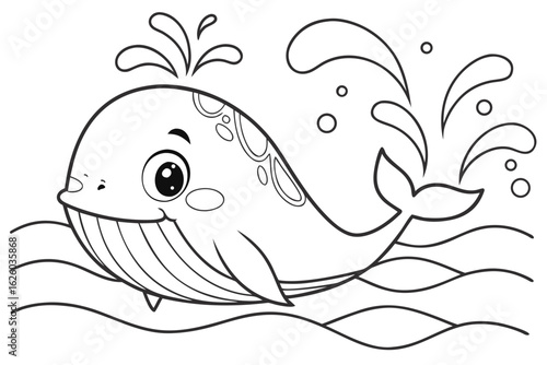 Coloring Pages, adorable whale spouting water, cartoon style, black and white for kids