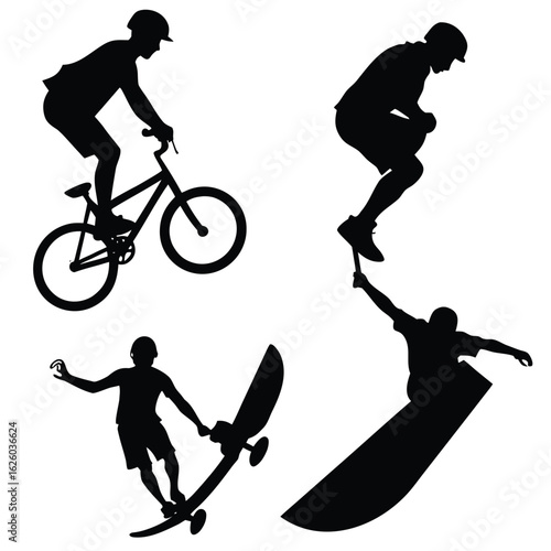 Black silhouettes of athletes performing extreme sports skateboarding cycling