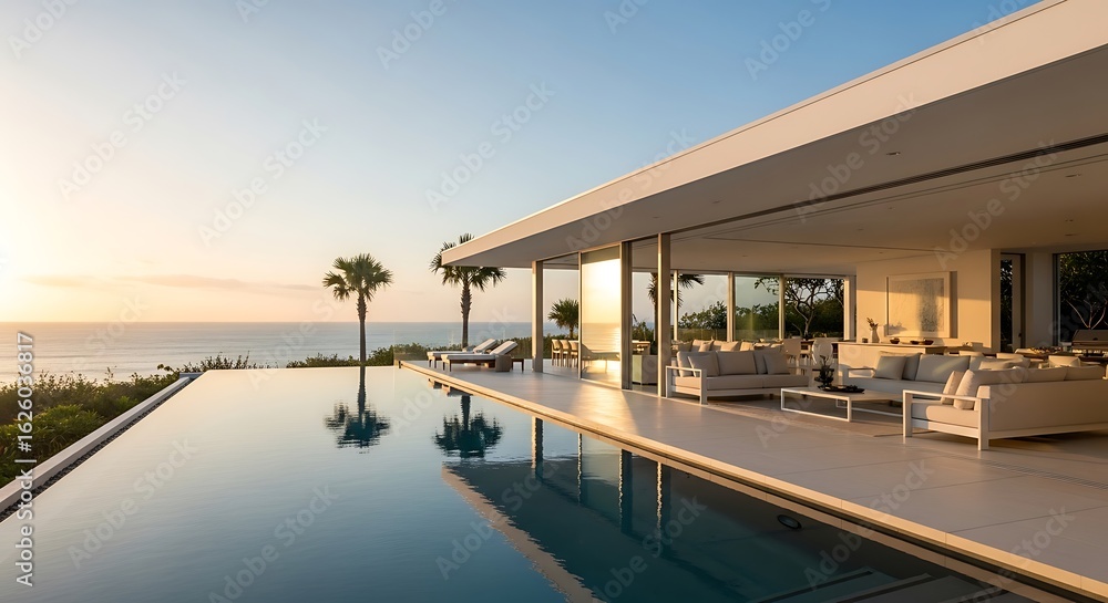 Fototapeta premium Luxurious beachfront villa with infinity pool offering stunning ocean views at sunset time