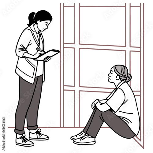 A nurse is talking to a patient who is sitting on the floor near the window inside