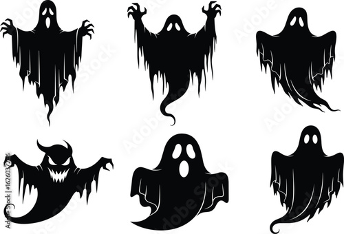 Scary ghost silhouettes for Halloween, spooky black ghost clipart, horror cartoon spirits, creepy phantom figures, haunted night illustration vector