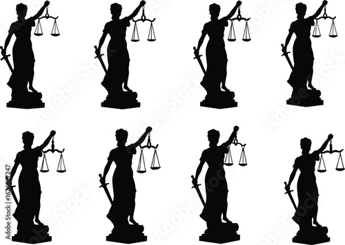 Lady Justice silhouette set, law and order symbols, legal system icons, justice balance scales, courtroom fairness, legal equality concept