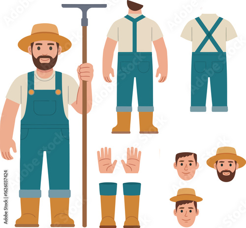 Illustrated Farmer and Work Components: An illustrated depiction of a farmer in work clothes, along with separated components such as clothing and different head designs.