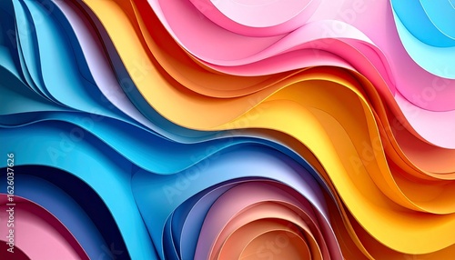 Abstract fluid waves in vibrant color gradient—flowing ribbons of pink, orange, blue, and yellow with smooth transitions and layered depth, evoking motion and energy in a dynamic composition.