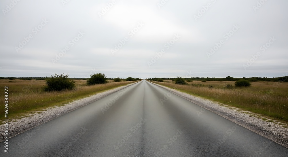 Naklejka premium Scenic Highway Landscape with Overcast Sky Emphasizing Journey and Serenity