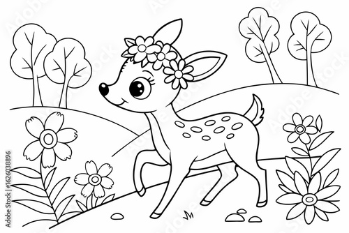 Coloring Pages, baby deer with flowers on head, cartoon style, black and white for children