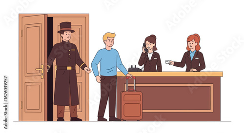 Hotel check in process illustration showing bellhop guest and receptionists desk