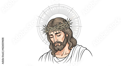 Jesus christ illustration with crown of thorns religious faith drawing art