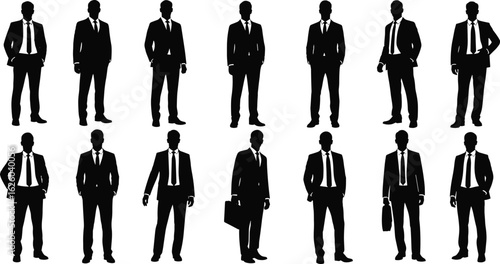 Businessmen silhouette vector set, formal suit pose collection, professional male figures, corporate attire illustration, isolated clipart design