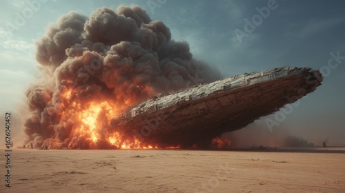 Wallpaper Mural Massive alien spacecraft crashes and explodes in desert, sending plumes of smoke and fire into the sky during daylight hours Torontodigital.ca