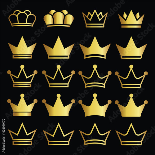 Collection of Golden Crown Icons on Black Background