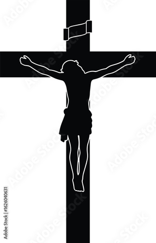 Jesus Christ Crucifix Silhouette on Cross, Religious Faith Symbolism, Christian Spiritual Art, Cad Drawing Flat Vector Illustration