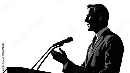 Silhouette of a Man Speaking at a Podium Giving Speech on a White Background

