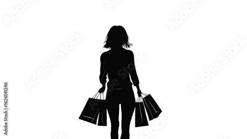 Silhouette of a Woman Walking with Shopping Bags on a White Background

