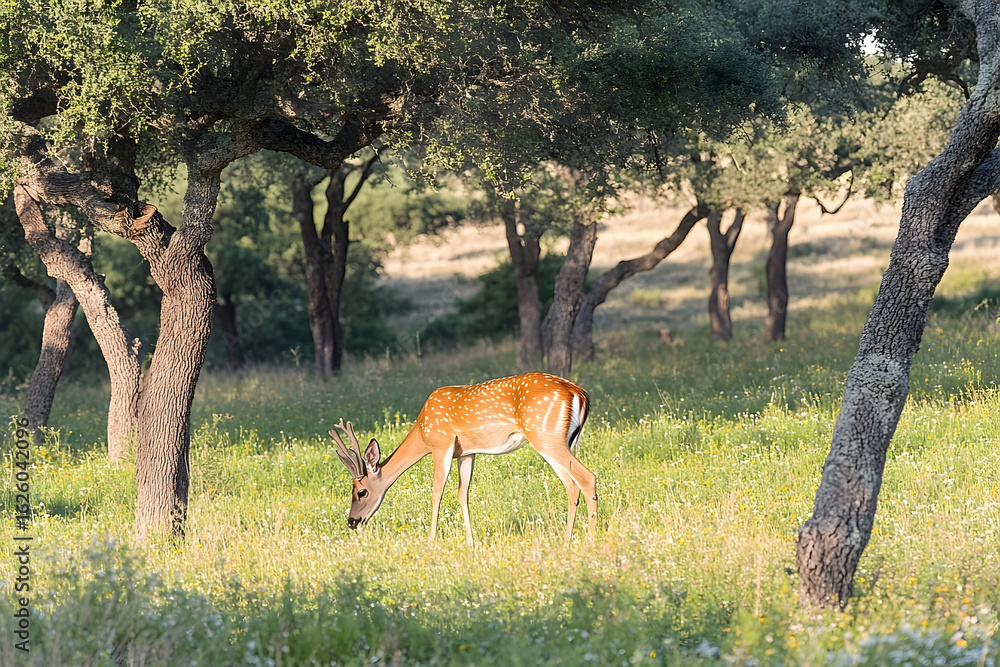 Young deer grazing in a sunny meadow Young deer grazing in a sunny meadow